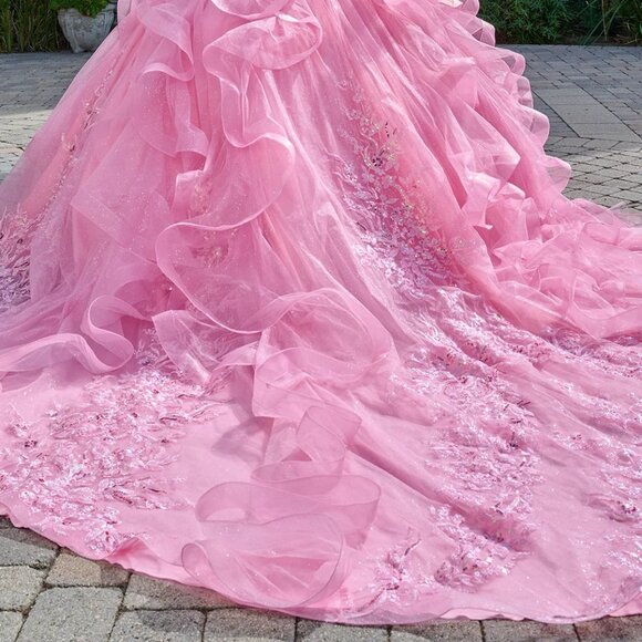 New Pink Dazzling Rhinestones Embellished Ruffled Quinceanera Tulle Gown GL3804 - Picture 13 of 14